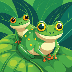 Two vibrant green frogs with striking eyes rest peacefully on a large, textured leaf.