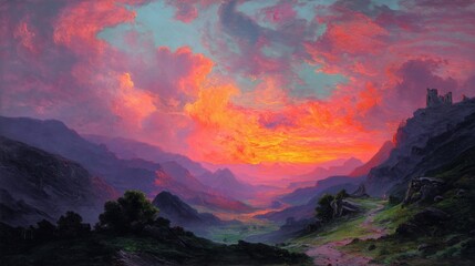 Fototapeta premium A breathtaking landscape scene depicting a vibrant sunset over a mountainous region. The sky is filled with dramatic clouds in shades of pink, purple, and orange, reflecting the last rays of sunlight.