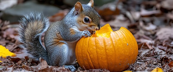 Obraz premium Squirrel Eating Pumpkin in Autumn Leaves