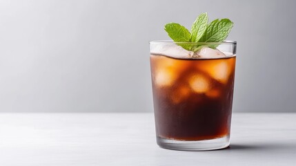 Iced coffee drink with mint garnish.  A refreshing beverage with ice cubes and a sprig of fresh mint on top.  The drink appears dark and amber, reflecting the color of brewed coffee