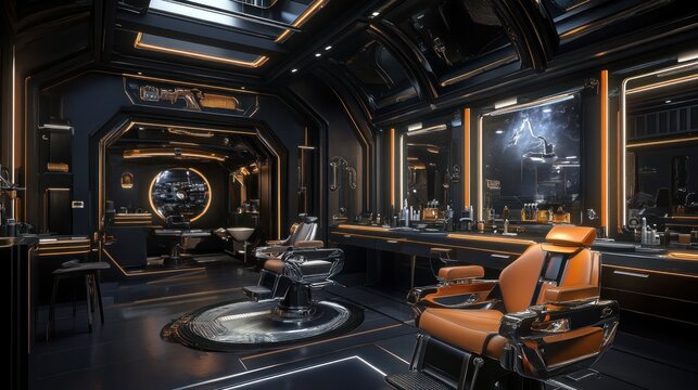 Futuristic barber shop interior design.