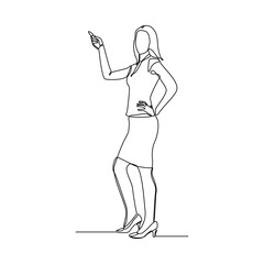 continuous single line of standing business woman showing presentation gesture. Sketch drawing editable stroke vector illustration