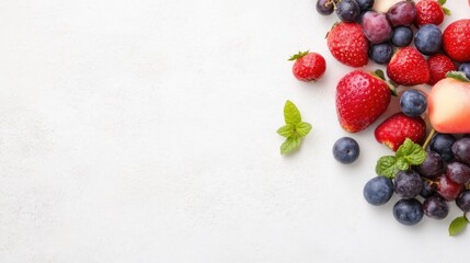 Fresh Berries and Peach Mint Garnish Bright Minimalist Style High-Resolution Top-Down View Textured Surface Summer Abundance White Background Red Pink Tones Ideal for Food Blogs