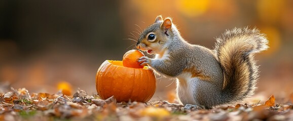 Fototapeta premium Squirrel Eats Pumpkin in Autumn Leaves