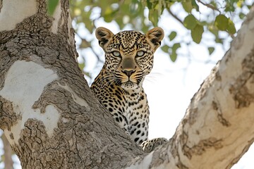 Naklejka premium A leopard sits on the branch of an acacia tree, its eyes focused on something ahead.