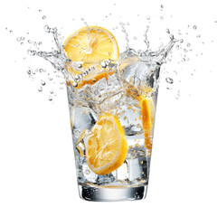 Refreshing Splash of Lemon Water in a Glass with Splashes and Ice Cubes for Summer Drinks and Healthy Hydration Ideas, isolated transparent background