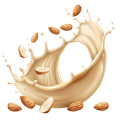 Creamy almond milk splash with whole almonds capturing the essence of natural nut-based beverages in a vibrant and dynamic scene, isolated transparent background