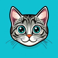 Cartoon illustration of a light gray cat with turquoise eyes and a blue background