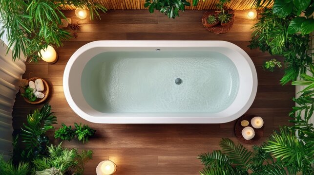 Top-down view of a freestanding tub surrounded by river stones and bamboo, set in a soft-lit tranquil spa space 
