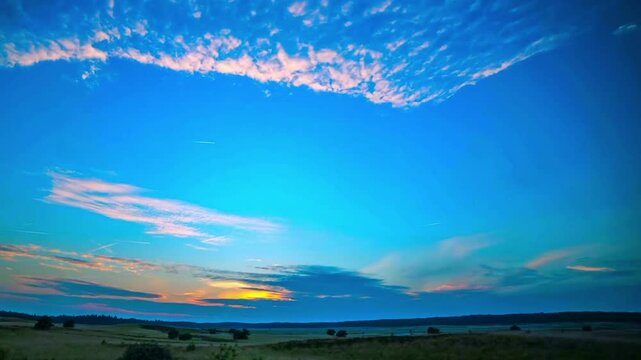 A beautiful mountain landscape at sunset, the sky ablaze with warm light and clouds on the horizon