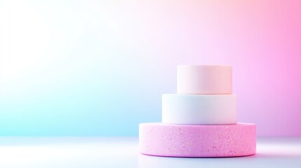 Three pastel-colored cylindrical objects stacked on a white surface, soft gradient background with pink and blue hues, and minimalist composition.