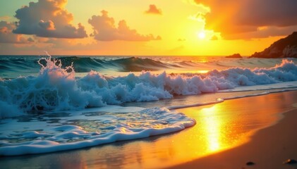 Obraz premium Golden hour sun paints ocean waves gold, crashing on sandy shore , wave crashing, ocean wave