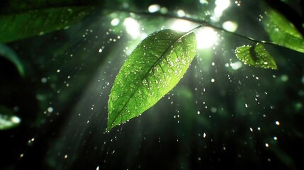 Lush green leaf bathed in sunlight, raindrops, vibrant