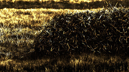 Harvested wheat stalks in field, sunset