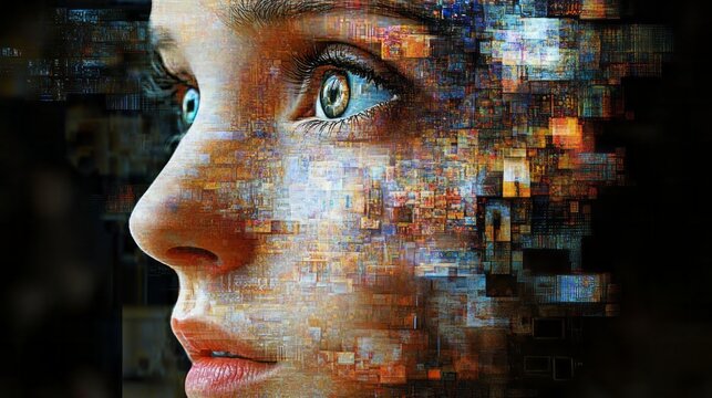 Abstract mosaic portrait of a woman fades into digital pixels