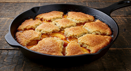 Rustic Peach Cobbler Served Hot in a Cast Iron Skillet for Dessert