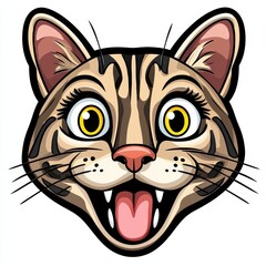 Cartoon illustration of a playful cat with light brown fur, yellow eyes, and an open mouth