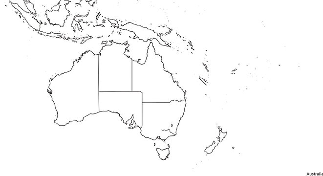Australia & Oceania: Simple Line Map, States & Territories Highlighted