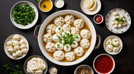 A colorful spread of dumplings with various sauces and garnishes arranged on a dark surface