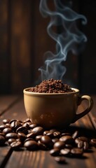 Fototapeta premium Scattered coffee beans with steam effect, warm lighting, dark wood background , coffee beans, brown background, food