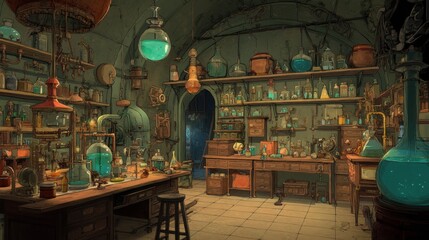 Fototapeta premium An intricately designed alchemist's laboratory overflowing with various glassware, bottles filled with colorful liquids, wooden shelves, and an array of scientific instruments. The warm and cool light