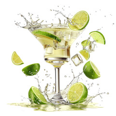 Refreshing Margarita Cocktail with Lime and Ice Splashing in a Glass Filled with Fresh Citrus, isolated transparent background