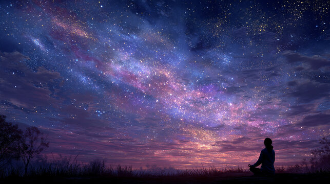 Back view of a female silhouette in meditation framed by a glowing cosmic sky symbolizing inner peace universal connection spiritual awakening and the harmony between energy and consciousness

