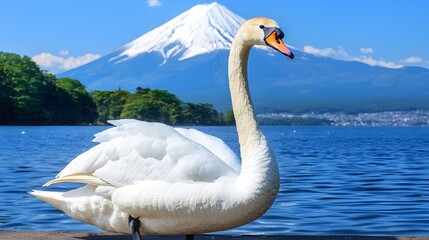 Elegant Swan in Front of Mount Fuji with Clear Blue Sky