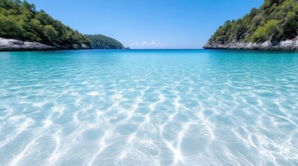 Tranquil turquoise cove bathed in sunlight. Crystal clear shallows, secluded beach