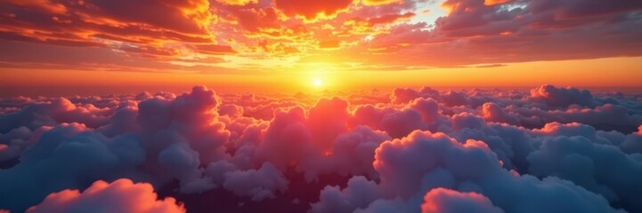 Golden hour above the cloudscape, fiery sunset hues, peaceful, evening