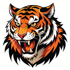 A majestic tiger with vibrant orange and black stripes roars fiercely, displaying its sharp teeth against a bright white background.