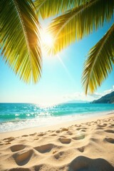 Obraz premium Warm sunlight filters through palm fronds on sandy beach, palm trees, beach, ocean