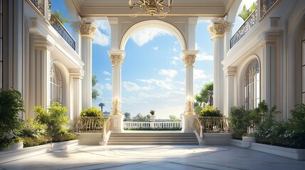 Obraz premium Grand entrance of an elegant residence with lush surroundings, conveying timeless luxury and serene beauty.
