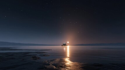 A serene night scene depicting a distant vessel on calm waters under a starry sky, with the sun setting on the horizon, casting a warm, golden reflection across the surface of the water. The landscape