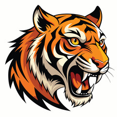 A majestic tiger with vibrant orange and black stripes roars fiercely, displaying its sharp teeth against a bright white background.