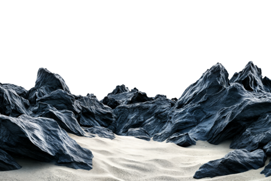 Rugged volcanic rocks with smooth textures and dark sand in a dramatic landscape isolated on transparent background