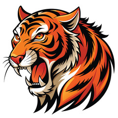 A majestic tiger with vibrant orange and black stripes roars fiercely, displaying its sharp teeth against a bright white background.