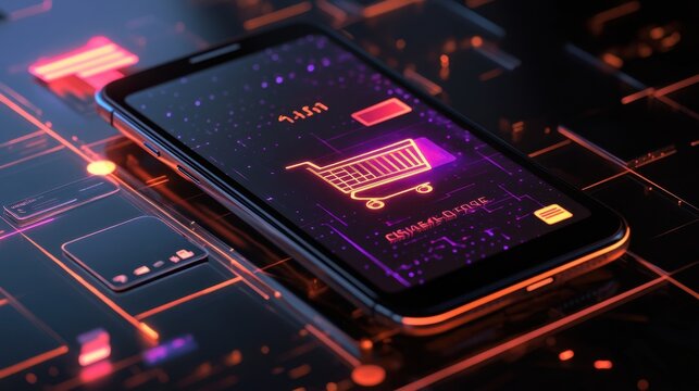 Modern mobile phone with glowing D cart, checkout button, and credit card icons