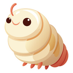 A plump cream colored grub with a reddish brown head and tiny legs curls slightly against a plain white surface.