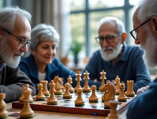 Elderly people playing chess together, engaging in mental exercise and companionship, emphasizing active aging and cognitive stimulation through board games


