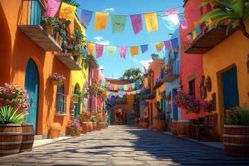 Naklejka premium Vibrant, colorful Mexican street scene perfect for promoting Cinco de Mayo celebrations, culture, festivals, or travel marketing.
