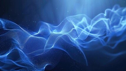 A smooth of abstract representation of blue light waves and particles against on dark background in flowing lines creating movement and fluidity offering calming visual effect modern ethereal. AIG53.