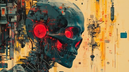 Robotic skull with glowing red eyes and complex circuitry displayed