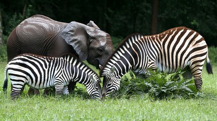 Fototapeta premium Unique Interaction Between Elephant and Zebras in Natural Habitat