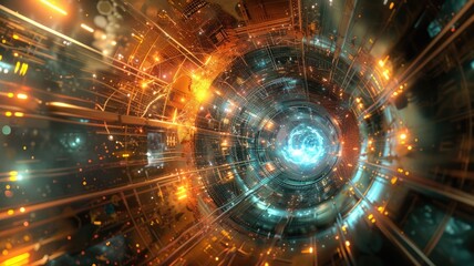 Fototapeta premium An abstract digital representation of a quantum accelerator, showcasing vibrant colors and dynamic light effects. Ideal for technology and science themes.