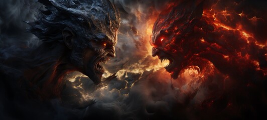 abstrak mozaic color of devil vs ifrit in drakness, ai generative