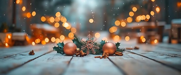Christmas decorations on a wooden table with bokeh lights and snowflakes