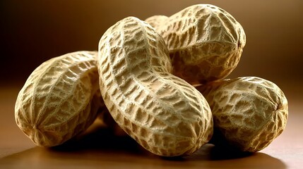 Fototapeta premium Close-Up View of Raw Peanuts with Textured Shells on Brown Surface