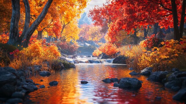 Serene Autumn Landscape with Colorful Foliage, Tranquil River, and Captivating Reflection in a Peaceful Forest Setting