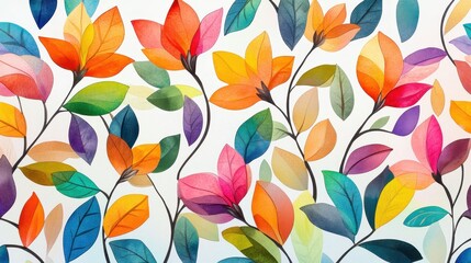 A colorful painting of flowers with leaves